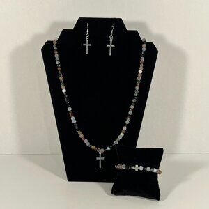 Jewelry Set (Necklace, Bracelet, and Earrings) Silver Cross BlackBrown Beads NWT